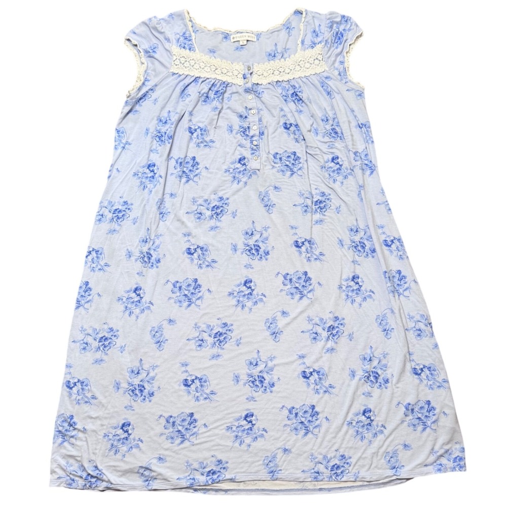 Eileen West Womens Blue Floral Lace Trim Modal Nightgown Short Sleeve L